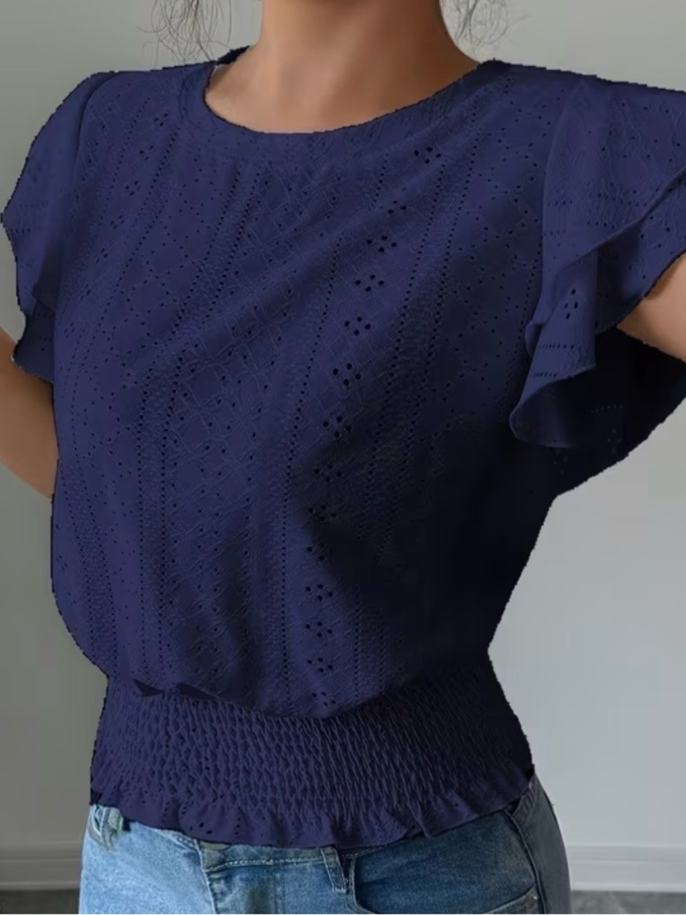 Navy Eyelet Ruffle Sleeve Smocked Waist Top